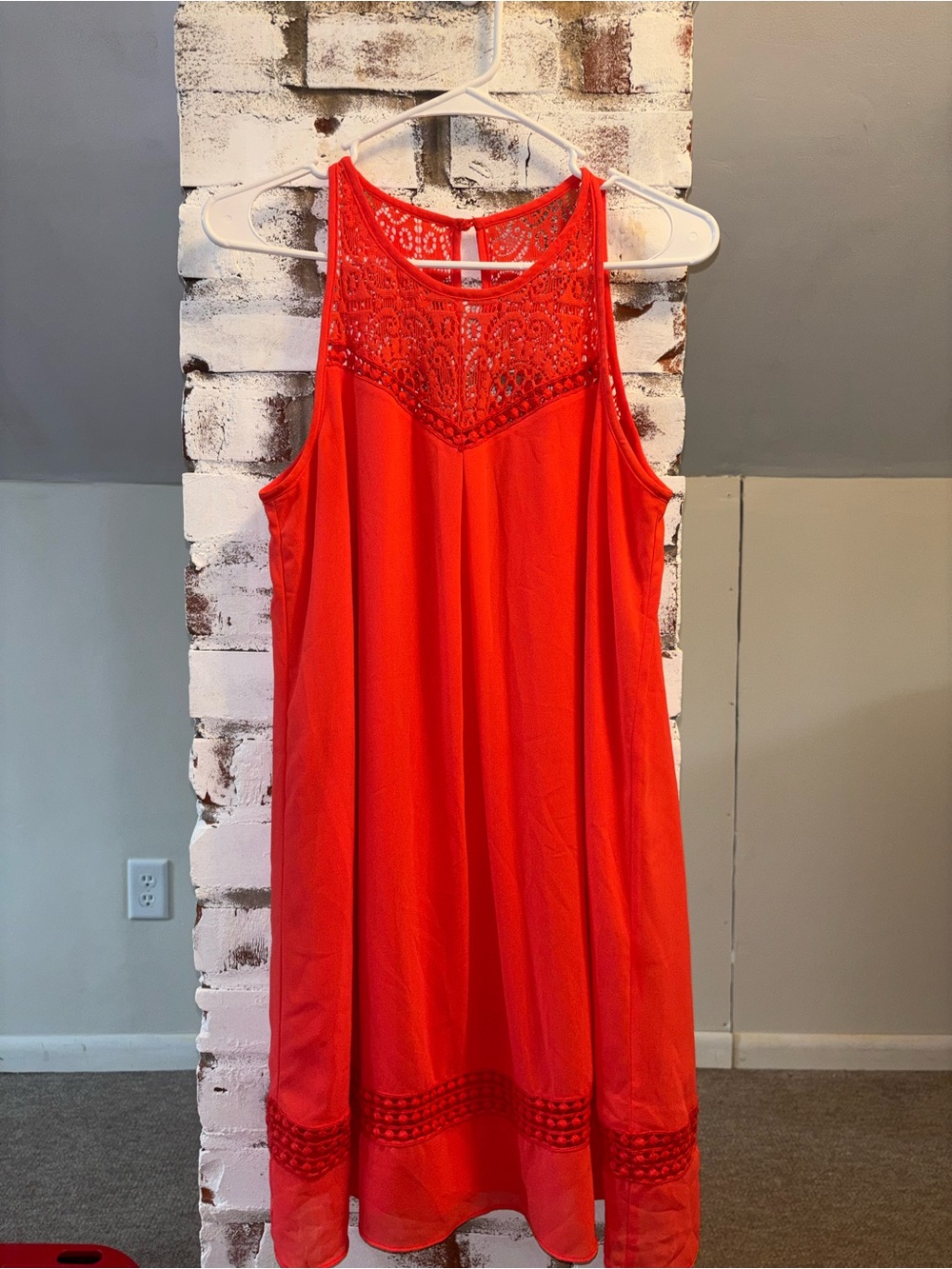 Iz Byer Coral Red Sleeveless Crochet Yoke Midi Dress